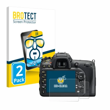 Front side of a product packaging with the brand logo BROTECT. Next to it is the device Nikon D7200 shown with the correspondi
