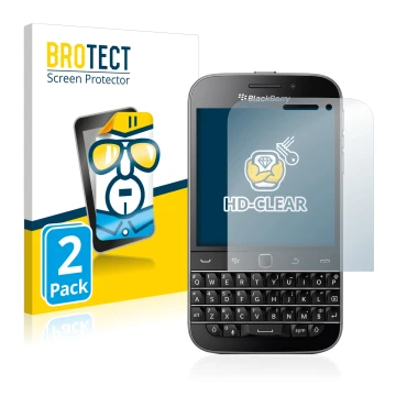 Front side of a product packaging with the brand logo BROTECT. Next to it is the device Blackberry Classic Q20 shown with the 