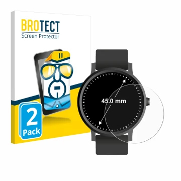 Front side of a product packaging with the brand logo BROTECT. Next to it is the device Watches (Circular, ø: 45 mm) shown wit