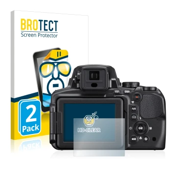 Front side of a product packaging with the brand logo BROTECT. Next to it is the device Nikon Coolpix P900 shown with the corr