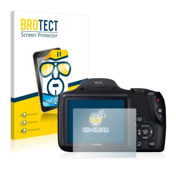 Front side of a product packaging with the brand logo BROTECT. Next to it is the device Canon PowerShot SX530 HS shown with th