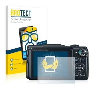 Front side of a product packaging with the brand logo BROTECT. Next to it is the device Canon PowerShot SX710 HS shown with th