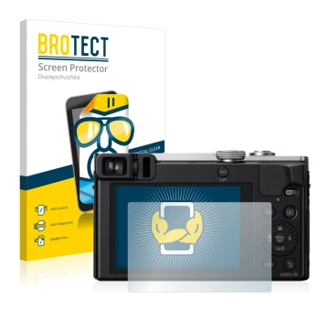 Front side of a product packaging with the brand logo BROTECT. Next to it is the device Panasonic Lumix DMC-TZ71 shown with th