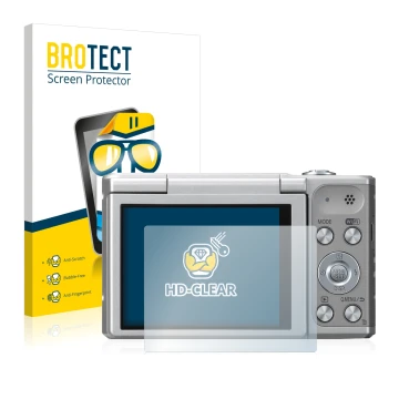 Front side of a product packaging with the brand logo BROTECT. Next to it is the device Panasonic Lumix DMC-SZ10 shown with th