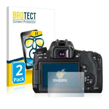 Front side of a product packaging with the brand logo BROTECT. Next to it is the device Canon EOS 760D shown with the correspo