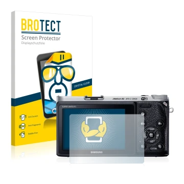 Front side of a product packaging with the brand logo BROTECT. Next to it is the device Samsung NX500 shown with the correspon
