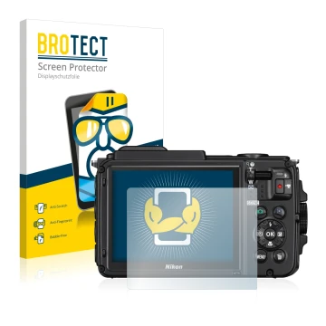 Front side of a product packaging with the brand logo BROTECT. Next to it is the device Nikon Coolpix AW130 shown with the cor