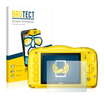 Front side of a product packaging with the brand logo BROTECT. Next to it is the device Nikon Coolpix S33 shown with the corre