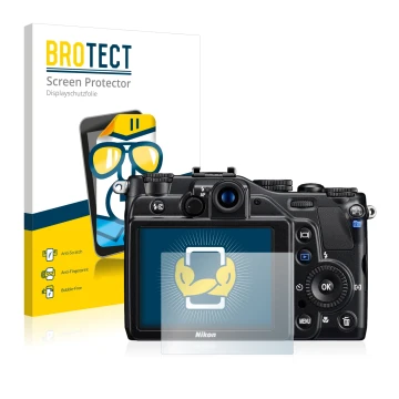 Front side of a product packaging with the brand logo BROTECT. Next to it is the device Nikon Coolpix S7000 shown with the cor
