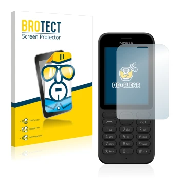 Front side of a product packaging with the brand logo BROTECT. Next to it is the device Microsoft Nokia 215 shown with the cor
