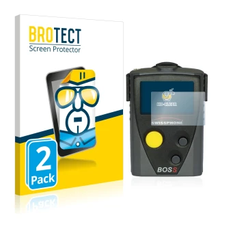 Front side of a product packaging with the brand logo BROTECT. Next to it is the device Swissphone Boss 925 V shown with the c