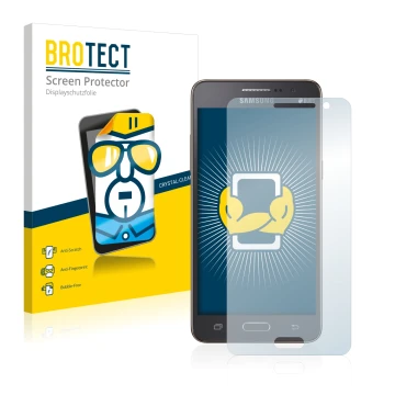 Front side of a product packaging with the brand logo BROTECT. Next to it is the device Samsung Galaxy Grand Prime SM-G530FZ s