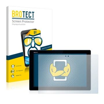 Front side of a product packaging with the brand logo BROTECT. Next to it is the device Sony Xperia Z4 Tablet shown with the c