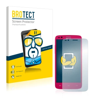 Front side of a product packaging with the brand logo BROTECT. Next to it is the device BLU Star 4.5 Design Edition shown with