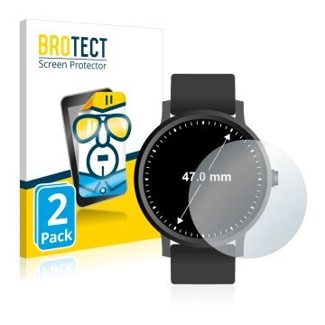 Front side of a product packaging with the brand logo BROTECT. Next to it is the device Watches (Circular, ø: 47 mm) shown wit