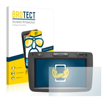 Front side of a product packaging with the brand logo BROTECT. Next to it is the device Dacia Media Nav shown with the corresp