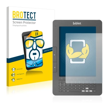 Front side of a product packaging with the brand logo BROTECT. Next to it is the device Biblet eBook Reader shown with the cor