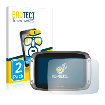 Front side of a product packaging with the brand logo BROTECT. Next to it is the device TomTom Rider 400 shown with the corres