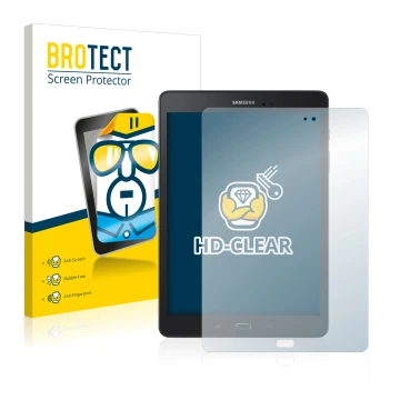 Front side of a product packaging with the brand logo BROTECT. Next to it is the device Samsung Galaxy Tab A 9.7 shown with th