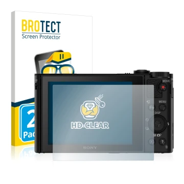 Front side of a product packaging with the brand logo BROTECT. Next to it is the device Sony Cyber-Shot DSC-HX90V shown with t