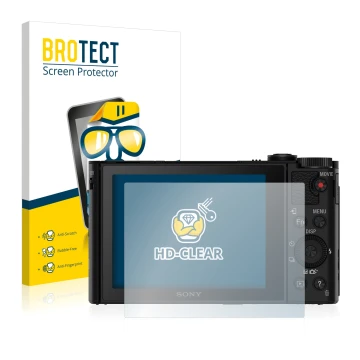 Front side of a product packaging with the brand logo BROTECT. Next to it is the device Sony Cyber-Shot DSC-WX500 shown with t