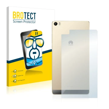 Front side of a product packaging with the brand logo BROTECT. Next to it is the device Huawei P8 Max (Back) shown with the co