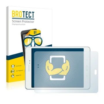 Front side of a product packaging with the brand logo BROTECT. Next to it is the device Samsung Galaxy Tab A 8.0 shown with th