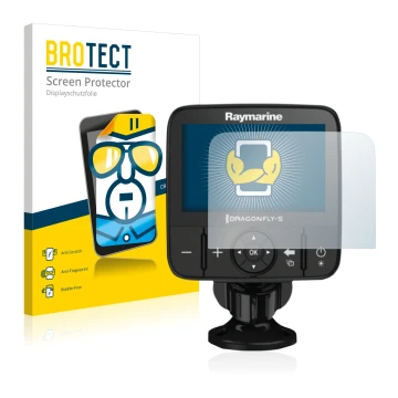 Front side of a product packaging with the brand logo BROTECT. Next to it is the device Raymarine Dragonfly 5 shown with the c