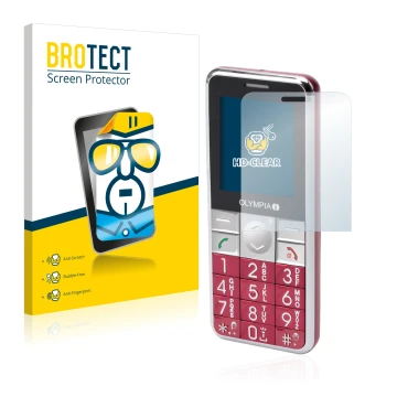 Front side of a product packaging with the brand logo BROTECT. Next to it is the device Olympia Viva Plus shown with the corre