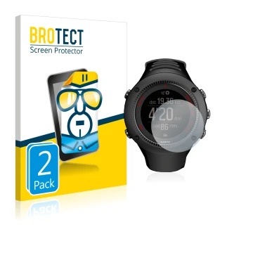 Front side of a product packaging with the brand logo BROTECT. Next to it is the device Suunto Ambit3 Run Black shown with the