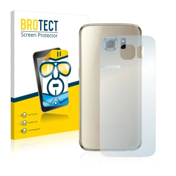 Front side of a product packaging with the brand logo BROTECT. Next to it is the device Samsung SM-G920F (Back) shown with the
