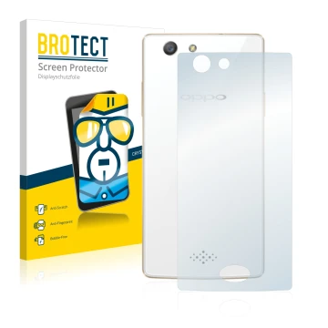 Front side of a product packaging with the brand logo BROTECT. Next to it is the device Oppo A31 2015 (Back) shown with the co