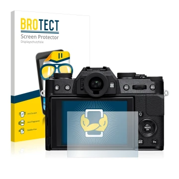 Front side of a product packaging with the brand logo BROTECT. Next to it is the device Fujifilm X-T10 shown with the correspo