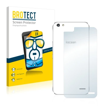 Front side of a product packaging with the brand logo BROTECT. Next to it is the device iOcean X9 (Back) shown with the corres