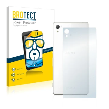 Front side of a product packaging with the brand logo BROTECT. Next to it is the device Sony Xperia Z4 (Back) shown with the c