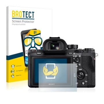 Front side of a product packaging with the brand logo BROTECT. Next to it is the device Sony Alpha 7R II shown with the corres