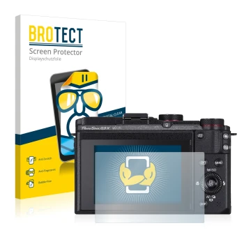 Front side of a product packaging with the brand logo BROTECT. Next to it is the device Canon PowerShot G3 X shown with the co