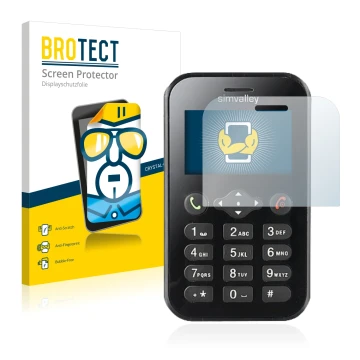 Front side of a product packaging with the brand logo BROTECT. Next to it is the device Simvalley Mobile RX-484 Pico shown wit