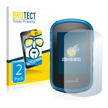 Front side of a product packaging with the brand logo BROTECT. Next to it is the device Garmin eTrex Touch 25 shown with the c