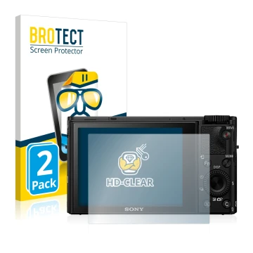 Front side of a product packaging with the brand logo BROTECT. Next to it is the device Sony Cyber-Shot DSC-RX100 IV shown wit