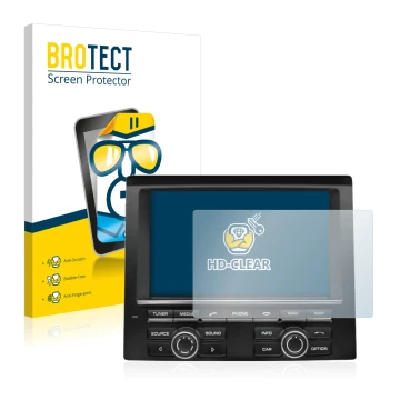 Front side of a product packaging with the brand logo BROTECT. Next to it is the device Porsche PCM Macan 2015 shown with the 