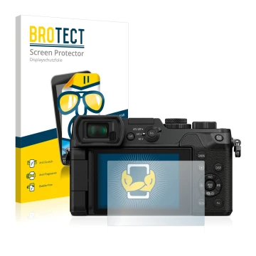 Front side of a product packaging with the brand logo BROTECT. Next to it is the device Panasonic Lumix DMC-GX8 shown with the