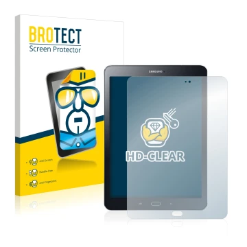 Front side of a product packaging with the brand logo BROTECT. Next to it is the device Samsung Galaxy Tab S2 9.7 shown with t