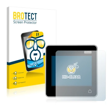 Front side of a product packaging with the brand logo BROTECT. Next to it is the device Velux Integra Control Pad KLR 200 show