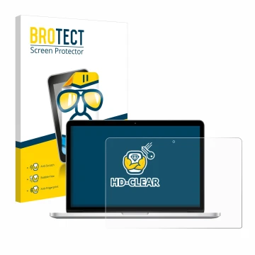 Front side of a product packaging with the brand logo BROTECT. Next to it is the device Apple MacBook Retina Pro 13