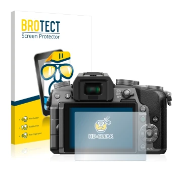 Front side of a product packaging with the brand logo BROTECT. Next to it is the device Panasonic Lumix DMC-G7 shown with the 