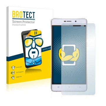 Front side of a product packaging with the brand logo BROTECT. Next to it is the device Gionee Marathon M4 shown with the corr