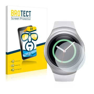 Front side of a product packaging with the brand logo BROTECT. Next to it is the device Samsung Gear S2 shown with the corresp