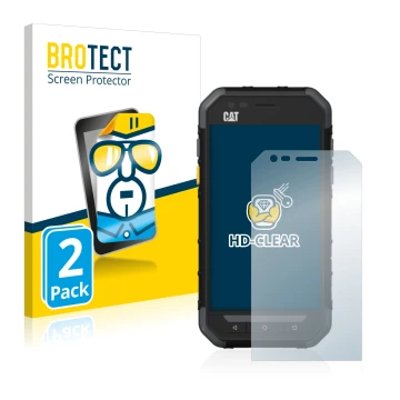 Front side of a product packaging with the brand logo BROTECT. Next to it is the device Caterpillar Cat S30 shown with the cor