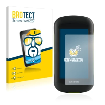 Front side of a product packaging with the brand logo BROTECT. Next to it is the device Garmin Montana 610 shown with the corr